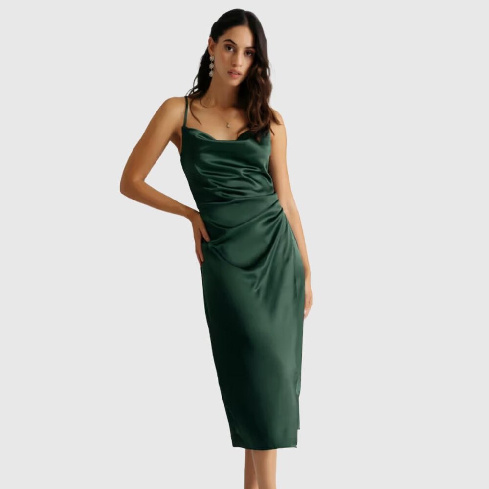 The Latest Scoop Emma Satin Cowl Neck Midi Dress - Emerald Green - US M